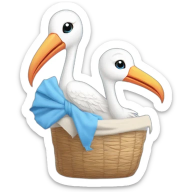 White stork carrying a blue bundle of cloth in its beak that has a human person cute baby with and the human baby head is peeking from the fabric bundle the strok is carrying with its beak sticker