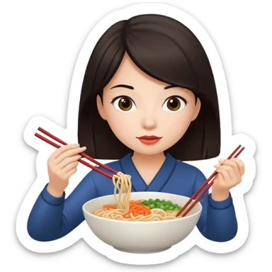 chica joven con piel clara y pelo oscuro comiendo un bowl de comida sticker