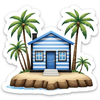 A square white and blue stripe house horizontally with wooden door on a island with palm trees sticker
