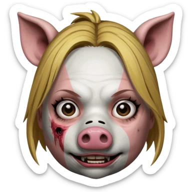 Amanda Young as the Pig from Dead by Daylight, mask lifted to reveal Amanda's face, intense eyes sticker