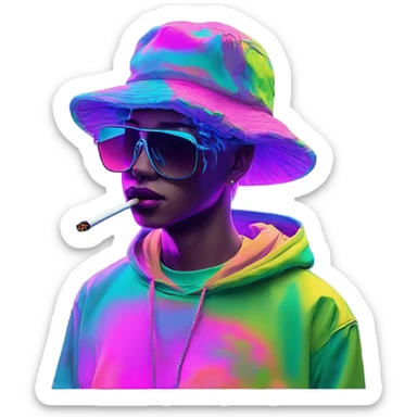 Multicoloured neon Vaporwave person smoking wearing hoodie dancing hip hop bucket hat tropical Skater fashion aesthetic baggy clothes graphic t shirt 420 sticker