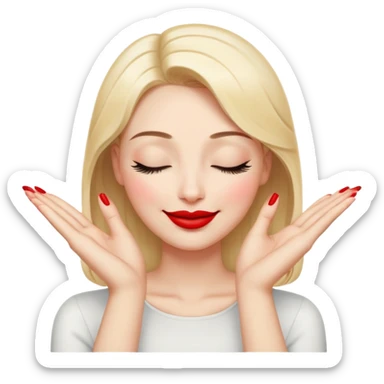 A smiling face with closed eyes forming upward curved lines, visible eyelashes, pursed lips with red lipstick, and a hand showing only the thumb out with all other fingers closed against the palm, painted nails sticker