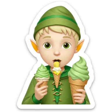
A young elf boy in leafy clothes licking a triple-scoop ice cream with wide eyes.


A tall elegant elf with long braids enjoying a mint swirl cone under soft light.




 sticker