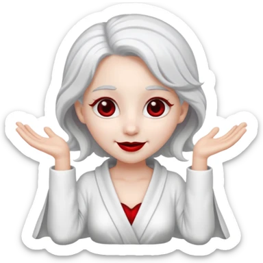 vull un perosnatge estil bimoji que sigui com una nimfa bella i fantasmal amb túniques blanques. Té la pell literalments blanca com el guix, cabell platejat, un nas llarg, ulls negres grans i llavis carmesí. que estigui somrient sense arrecades i vestimenta vermella i blanca sticker