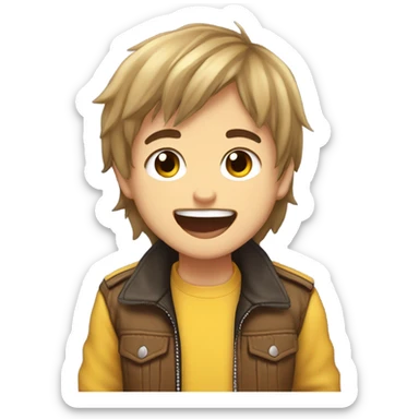 illustrated twitch logo for boy, head and shoulders only, anime chibi style, semi-long brown hair with bangs, brown eyes, yellow biker jacket, laughing out loud with tears in his eyes sticker