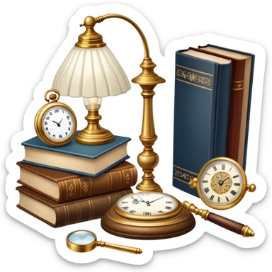 Icon for Antiques Collecting: a vintage pocket watch, an old ornate lamp, and a porcelain figurine, all placed on a wooden table surrounded by aged books and a magnifying glass. The icon should evoke the elegance and history of antique collecting. Transparent background. sticker