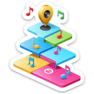 modern digital roadmap icon for independent musicians, clean colorful upward path with small icons representing audience, branding, content, playlists, superfans, campaigns, monetization, no text, no antique or parchment elements, fresh and digital style sticker