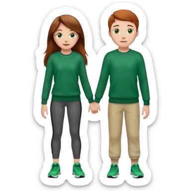 full-length happy couple, girl with long brown hair and hazel eyes in green sweater, boy with auburn hair in sportswear sticker