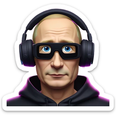 Vladimir Putin wearing a black hoodie with "OMG" letters on it and VR headset oculus quest 2 in a cyberpunk VR environment with violet neon lighting. sticker