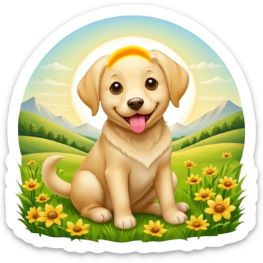 A yellow Labrador Retriever sitting on a grassy field, smiling with its tongue out under bright sunlight. Realistic lighting, outdoor park setting, friendly expression, high detail. sticker
