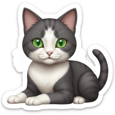 beautiful female solid dark grey cat with green eyes, white toes/paws and white patch on her chest rolling over sticker