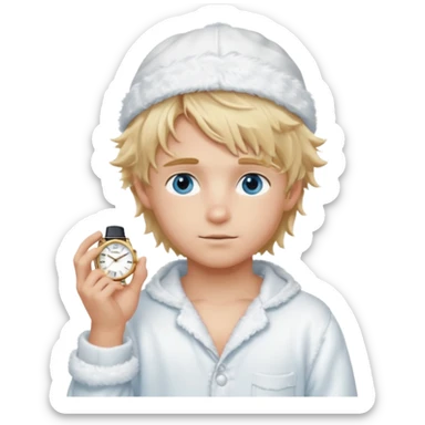 Create a look for a blond boy with long, tousled hair, light eyes, a white sweater, a wealthy appearance, blue eyes, and accessories like a Rolex or Cartier watch, and a cute face with messy hair down. blue eyes + + pajama white fluffy + cap fluffy + blush sticker