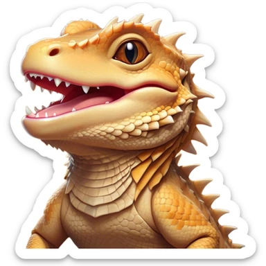 Cinematic Cute Yawning Bearded Dragon Portrait Emoji, Head tilted slightly with a dramatic, wide-open yawn, showcasing a soft, textured scaled hide with its spiky beard partially drooped and eyes barely open in drowsy contentment, Simplified yet irresistibly adorable features, highly detailed, glowing with a soft, cozy glow, high shine, relaxed yet expressive, stylized with a touch of reptilian whimsy, bright and endearing, soft glowing outline, capturing the essence of a sleepy yet affectionate dragon, so drowsy it feels like it could stretch out of the screen and curl up for a nap! sticker