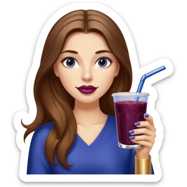 girl with long brown hair, wine lipstick, gold nail polish, drinking a blueberry butter pecan iced coffee with a metallic straw  sticker