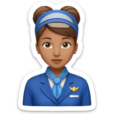 Light Brown skin flight attendant, brown hair in a bun, blue uniform, blue neck scarf sticker