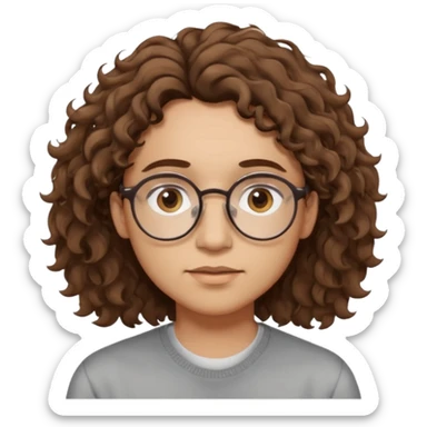 Slim, slightly oval face, light skin.
Medium-length brown wavy/curly hair, slightly messy.
Brown eyes, round eyeglasses.
Soft, calm expression.
No beard or very light stubble.
Minimal, high-quality style, not cartoonish.
Neutral background, soft lighting. sticker