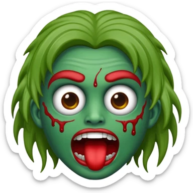 emoji de zumbi estilo WhatsApp, cabeça verde, cabelo cacheado vermelho volumoso, olhos brancos brilhando, expressão divertida e assustadora, cartoon, linhas limpas, fundo transparente, qualidade alta sticker