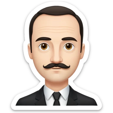 Man in black suit with a very small black moustache. His hairline goes straight from left to right. He doesn’t wear a hat sticker