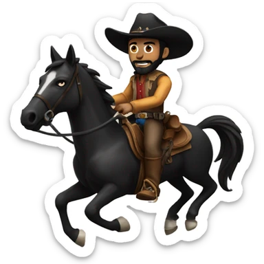 man with black beard and black eyes wearing a cowboy hat riding on his black horse with a shotgun in his hand sticker