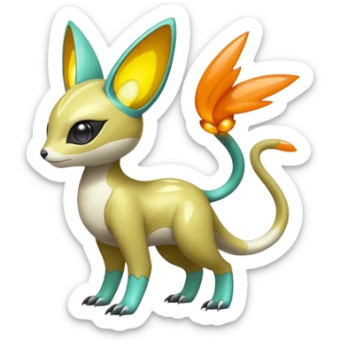 Shiny exotic animalistic feral Colorful glowing glossy smooth soft silky Futuristic Cyber-Vernid-Trico-Meloetta-Latias-Koraidon-Peppercat-Protogen-Pokémon-Digimon-Fakémon-fusion-hybrid-creature sticker
