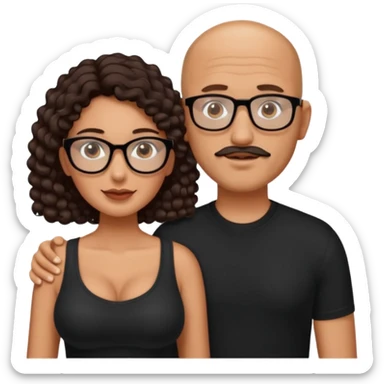 A picture of a tanned couple. the man is a Mexican man with tanned skin, with a bald hair cut, short beard and wearing a black shirt, no glasses. the woman is wearing rectangle shaped glasses, with long curly dark brown hair and with big boobs  sticker
