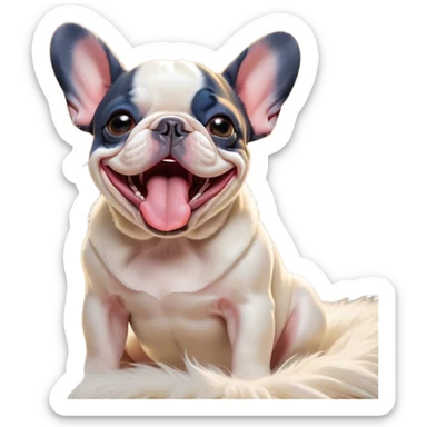 Cinematic Cute Yawning Pied French Bulldog Portrait Emoji, Head tilted with an exaggerated, endearing yawn and sleepy, squinty eyes, showcasing a unique pied fur of contrasting colors with a playful expression, simplified yet irresistibly adorable, highly detailed, glowing with a soft, cozy radiance, high shine, exuding a relaxed, humorous charm, styled with a gentle, soft glowing outline, capturing the essence of a Pied French Bulldog in a blissfully cute yawn that warms the heart! sticker