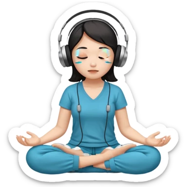 An East Asian woman🧘🏻‍♀️ is sitting cross-legged in a meditation pose, wearing Apple headphones🎧 and listening to music. The song is so beautiful that she has her eyes closed and tears streaming down her face. sticker
