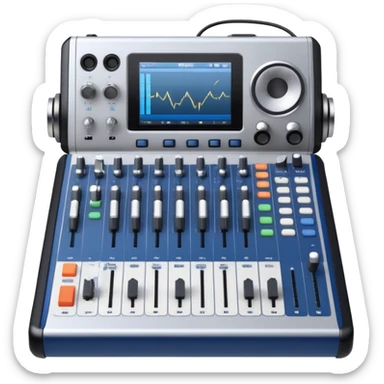 Create a professional and technical emoji that represents sound engineering. The design should feature a sound mixing console with faders, a pair of studio headphones, and audio waveforms to symbolize the precision and technicality of sound mixing and mastering. Include elements like a microphone or audio cables to reflect the recording aspect. Use colors like silver, black, and dark blue to represent the technical, yet artistic side of sound engineering. The background should be transparent. sticker