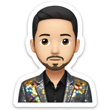 Mike Shinoda with sequin gray suit jacket with black shirt sticker