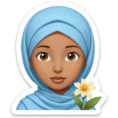 brown-skinned girl with a light blue hijab and a small tropical flower on her head, winking sticker