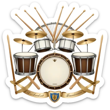 Create a complex, festive, and professional emblem-like emoji representing percussion instruments. The design should resemble a heraldic crest, featuring iconic drums and percussion such as a snare drum, bass drum, timpani, cymbals, marimba, and tambourine, arranged in a balanced and symmetrical composition. Drumsticks should cross elegantly at the center, symbolizing rhythm and energy. A flowing ribbon of musical notes should weave dynamically around the instruments, enhancing the celebratory and grand aesthetic. Ornate elements such as laurel wreaths, swirls, or subtle engravings should emphasize the prestige and importance of percussion in music. The color palette should include rich gold, deep mahogany, and silver, with refined highlights and shading for a polished, three-dimensional effect. The overall composition should be harmoniously structured, visually complete, and suitable as a standalone emblem. The background should be transparent. sticker