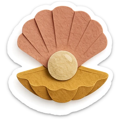 close-up of a clam holding a pearl, textured paper details, paper-craft style sticker