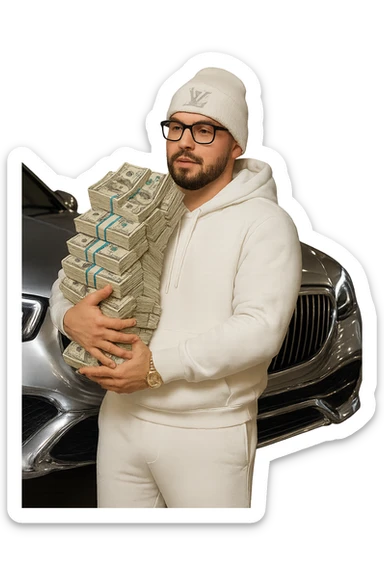 Replace the AMG car in the background with a Maybach car, keeping the background transparent. Maintain the person with white skin tone, black goatee and facial hair, wearing a white hoodie, white sweats, white Louis Vuitton beanie, and Cartier glasses. Include realistic money in the scene. Apply a chrome effect on everything except the money. Match the style and pose of the reference image exactly. sticker