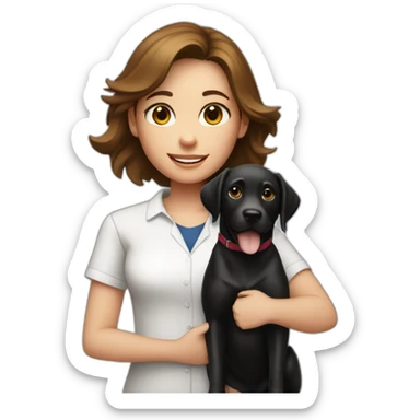 girl with brown hair in white shirt with black labrador holding a cheque with "100,-" sticker