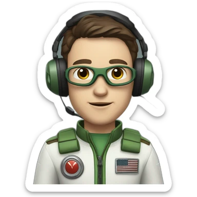 A young white male tennager with a thin face with dark brown hair and brown eyes in a pilot suit and wearing a green Pilot headset sticker