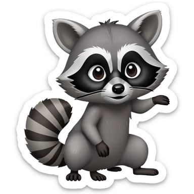 Cinematic-Raccoon-Realistic-Full-Body-Standingon all fours-Emoji – Tail flicking lazily, head tilted dramatically, thick grey fur with a signature black mask, sharp and alert ears, simplified yet realistic focused features, highly detailed, glowing with an almost sarcastic glow. sticker