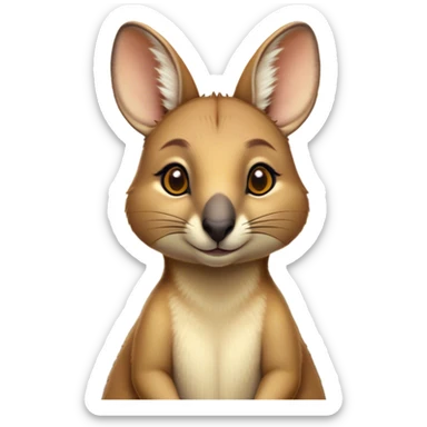 Cinematic Noble Wallaby Portrait Emoji, Poised and regal, with a compact, agile build and a soft, well-groomed fur of warm tan and light brown hues, deep-set soulful amber eyes and perky ears, Simplified yet sharp and sophisticated features, highly detailed, glowing with a soft, dignified glow, high shine, intelligent and spry, stylized with an air of bushland elegance, focused and attentive, soft glowing outline, capturing the essence of a watchful and confident marsupial, so majestic it feels as though it could hop out of the screen with effortless authority! sticker