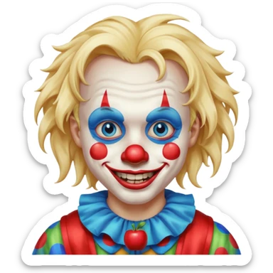 creepy clown boy with messy very long long blonde hair, blue eyes, make it more like an apple emoji sticker