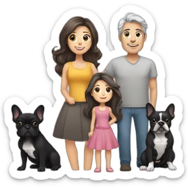 Family-father-mother-grey-hair-two-brunettes-daughters-with-long-hair-and-one-black-French-bulldog sticker