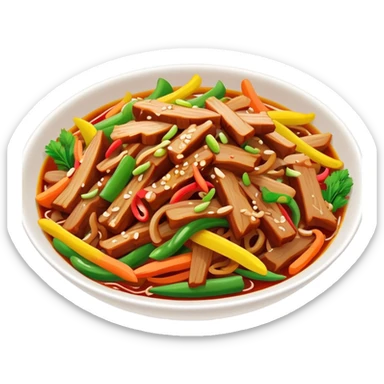 Yuxiang shredded pork Sichuan dish with colorful vegetables, simplified emoji style with bold outlines and bright colors, cartoon style sweet and sour pork strips sticker