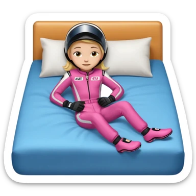 ten-year-old girl in a racing suit, racing shoes and racing gloves with no helmet, unzipped, sleeping on a bed happily, flat-chested and prepubescent sticker