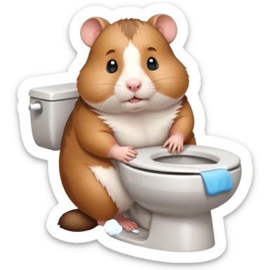 Cute chubby cartoon-style hamster sitting on toilet pooping looking as if he had an accident sticker
