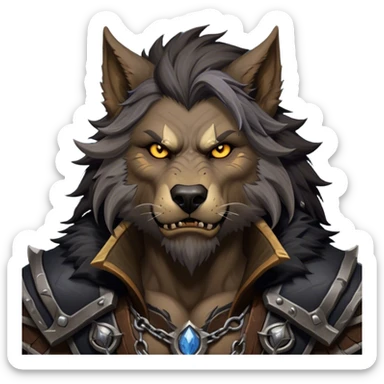 Cinematic Realistic WoW Worgen Portrait, depicted as a fearsome blend of man and beast, with rugged, dark fur intermingling with tanned, weathered skin. His piercing amber eyes and fierce expression are framed by disheveled hair and subtly detailed, worn leather attire in dark, consistent hues. Rendered with lifelike texture and dramatic, natural lighting, high shine, noble and formidable, capturing the primal nobility of a legendary worgen warrior. sticker