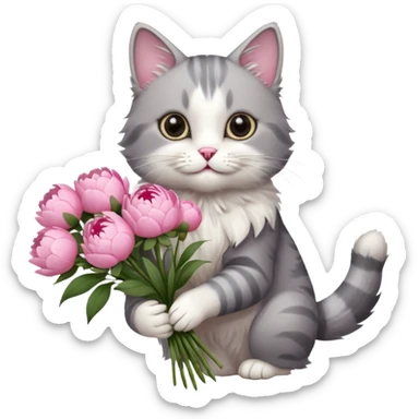 Cute cat Handing pink peonies like reaching a hand and handing them out a bouquet of them not a physical hand the cats hand  make the cat fluffy and grey and white fluffier sticker