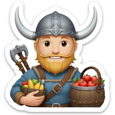 A jovial Viking with round belly, horned helmet, and hearty smile while carrying supplies.
 sticker