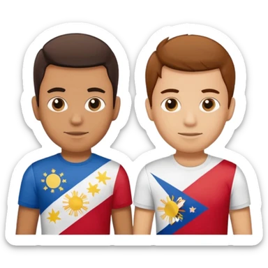 2 male Best buds , one in showing Philipines flag tshirt, one is showing Spanish flag in tshirt sticker