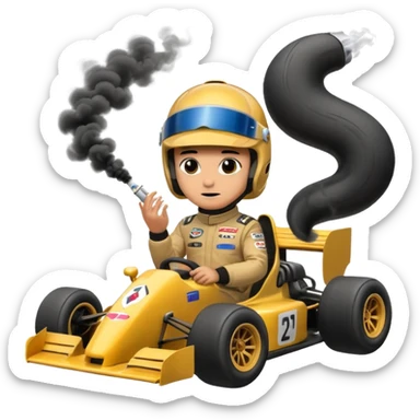 drifting car with tires smoke and a driver with a f1 helmet sticker