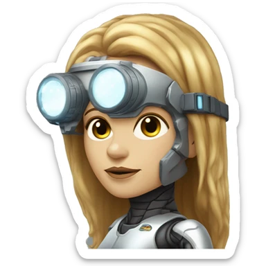female cyborg head, fair skin, Brown long hair with blonde steaks, space age goggles and circuits sticker