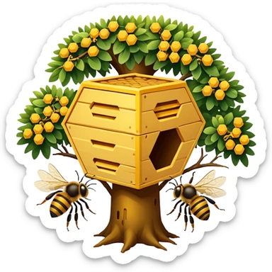 A small hive nestled between tree branches with worker bees. sticker