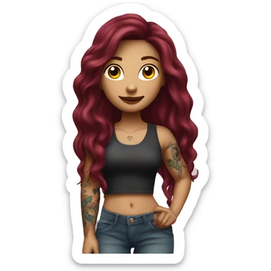 Beautiful tattooed burgundy long haired woman standing next to a car sticker